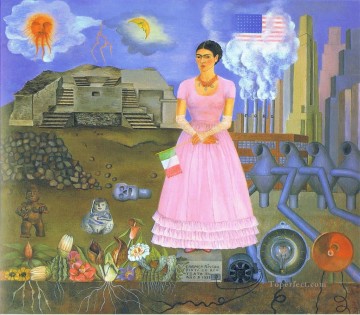 フリーダ・カーロ Painting - メキシコとアメリカの国境沿いの自画像 フェミニズム フリーダ・カーロ
